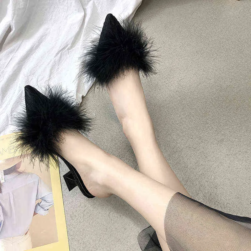 2020 new women`s set toe-shaped non-slip high heels fashion rubber bottom elastic cloth summer shallow fur shoes Y220221