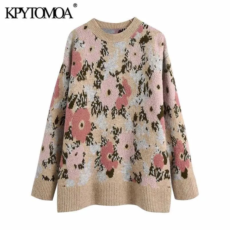 KPYTOMOA Women Fashion Oversized Floral Jacquard Knitted Sweater Vintage O Neck Long Sleeve Female Pullovers Chic Tops 211215