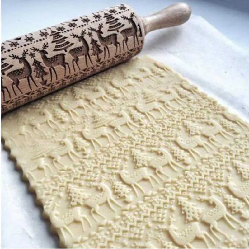 Christmas Elk Wooden Rolling Pin Embossing Baking Cookies Noodle Biscuit Fondant Cake Dough Engraved Roller Reindeer Snowflake 211008