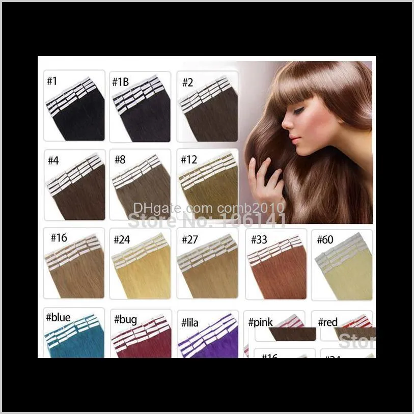 19 Colors Indian Hair Skin Weft Remy Double Sided Tape In On Human Hair Extensions 20Pcs/Lot 6Ldhj 16Qyg