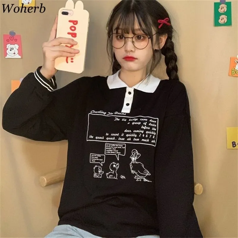 Woherb 2021 Street Fashion Cartoon Print Kvinnor Långärmad T Shirt Loose Casual T-shirt Tjejer Kawaii Svart Tee Femme 210317