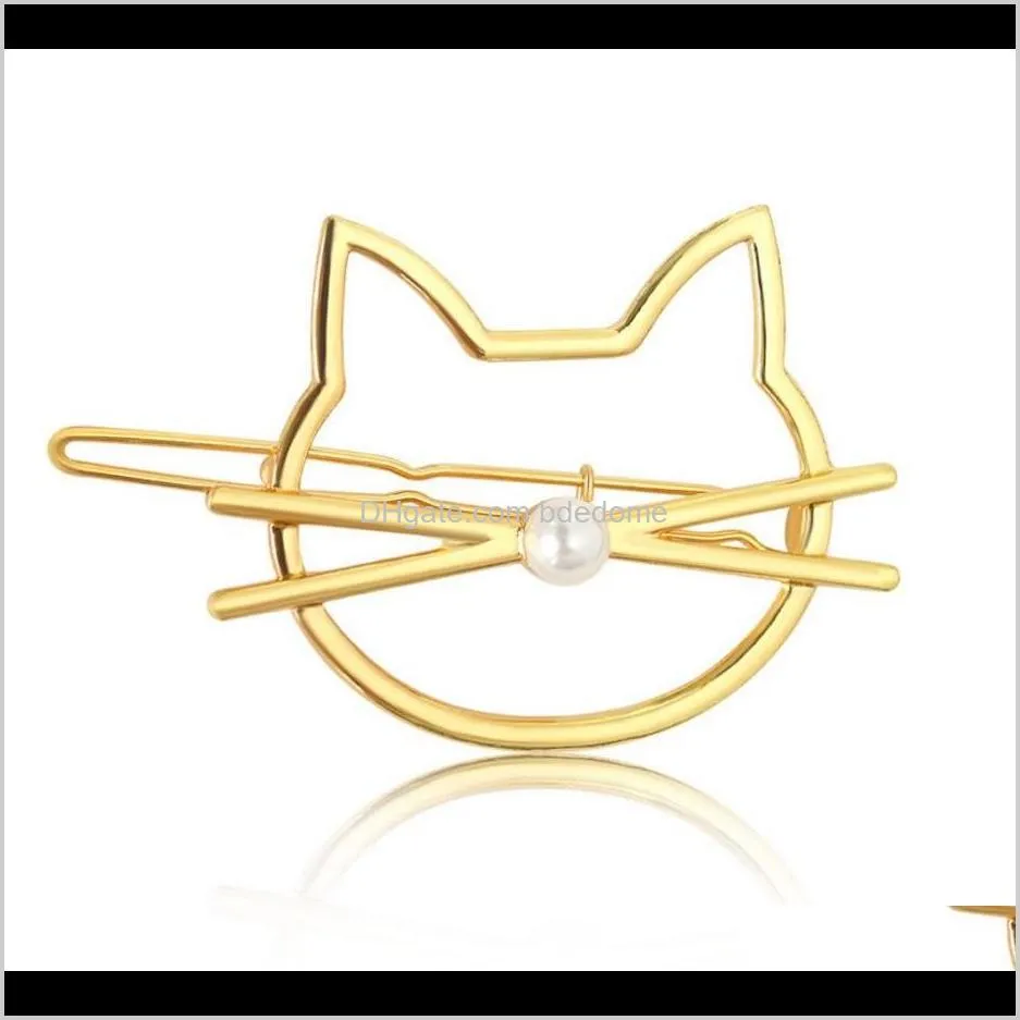 simple line figure cat head with plastic pearl hairpin gold or silver plated for women girls hair clip