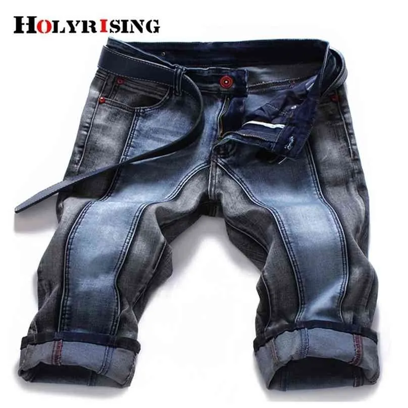 Holyrising Men Casual Denim Stylish Elastic Ripped Mid Waist Slim Fit Patchwork Knee-Length Short Pockets Size 27-46 210716