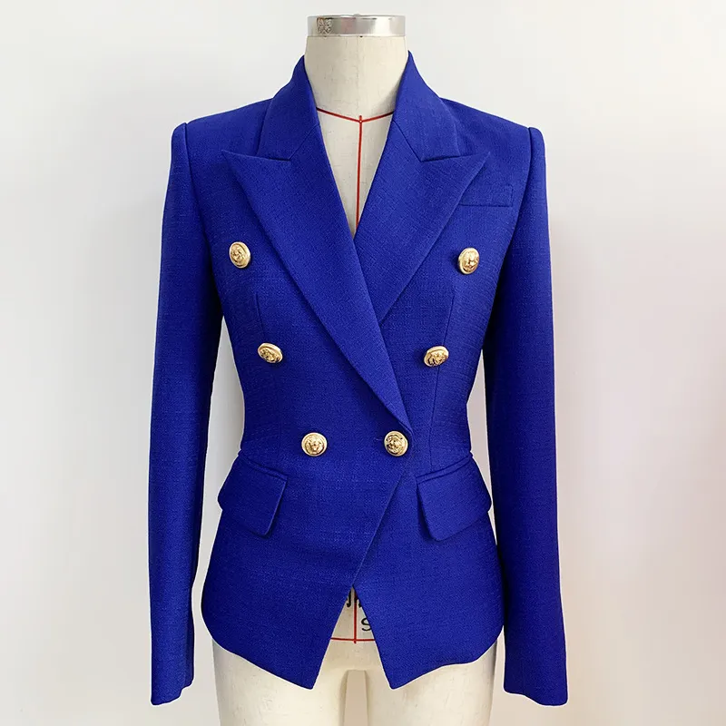 2021 Fall Höst Långärmad Notched-Lapel Royal Blue Solid Färg Slim Metal Spännen Dubbelbröst Blazers Elegant Toppkvalitet Outwear Coats 21O13095