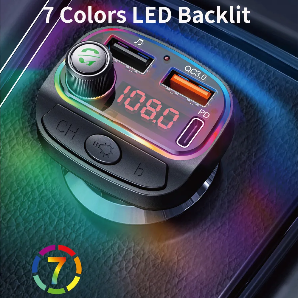 Bluetooth 5.0 Car MP3プレーヤーFMトランスミッタワイヤレスハンズフリー車キットサポートQC3.0 + 18W PD充電器LED RGBバックライト付き