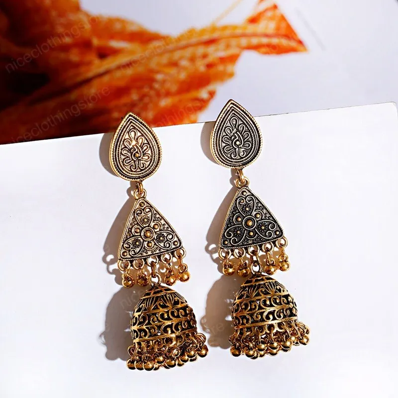 Boucles d'oreilles pendantes indiennes en or sculpté pour femmes ethniques bohême bijoux tibétains boucles d'oreilles pompon Jhumka