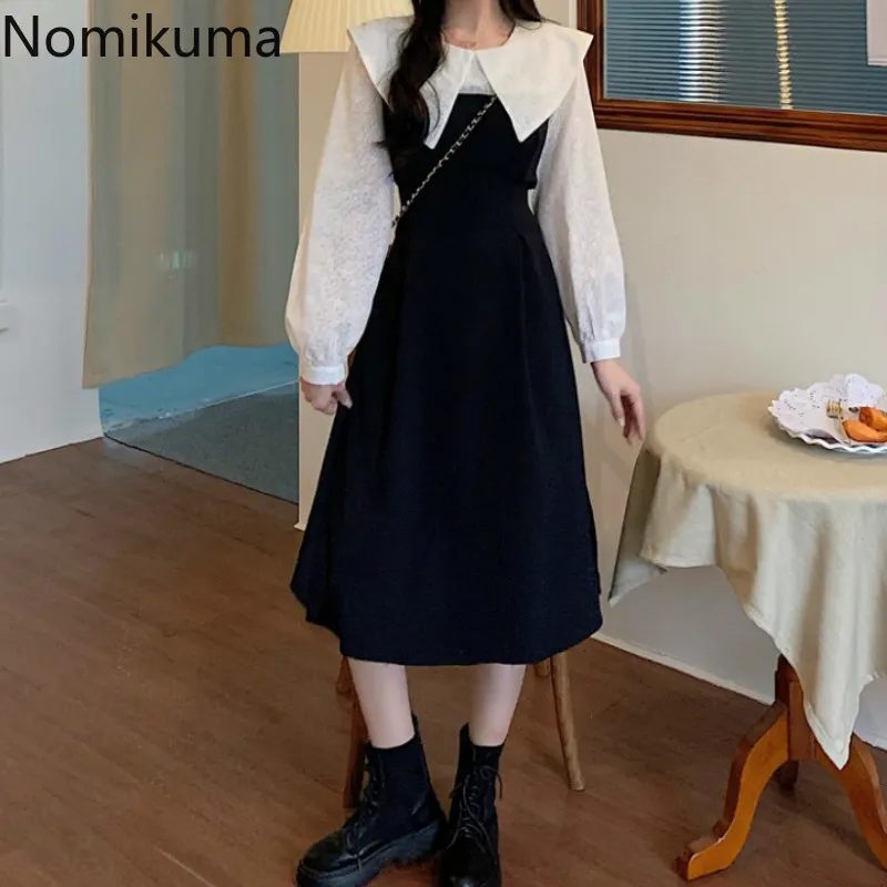 Nomikuma Contrast Color Patchwork Dress Women Fake Two Piece Slim Waist Long Sleeve Mid Calf Dresses Plus Size Robe Femme 3d386 210514