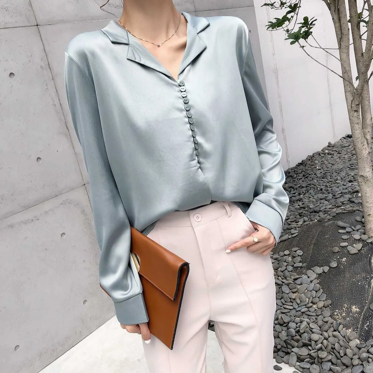 Camicia da donna in chiffon di raso a maniche lunghe primavera autunno vintage chic colletto coreano camicetta e top 210607
