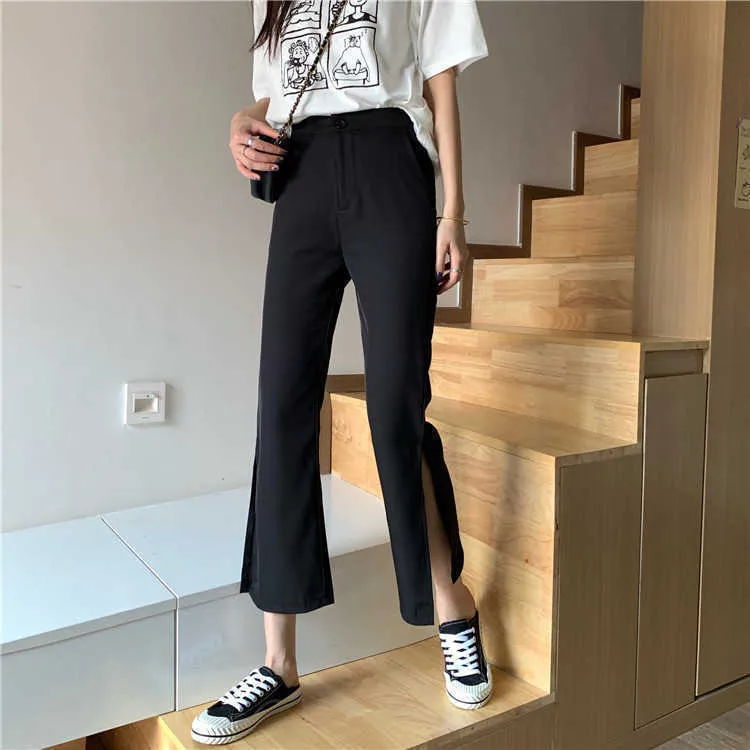 Stile coreano Versatile Split alla caviglia Pantaloni con taglio a stivale Pantaloni a vita alta Pantaloni larghi estivi Pantaloni neri sottili per le donne 2020 Nuovo Y0811