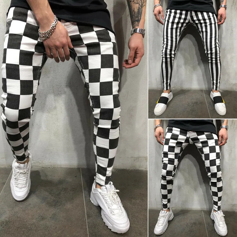 2019 Men`s Pencil Pants Summer Fashion Slim Comfortable Striped Plaid Black White Casual Pants Plus Size S-2XL