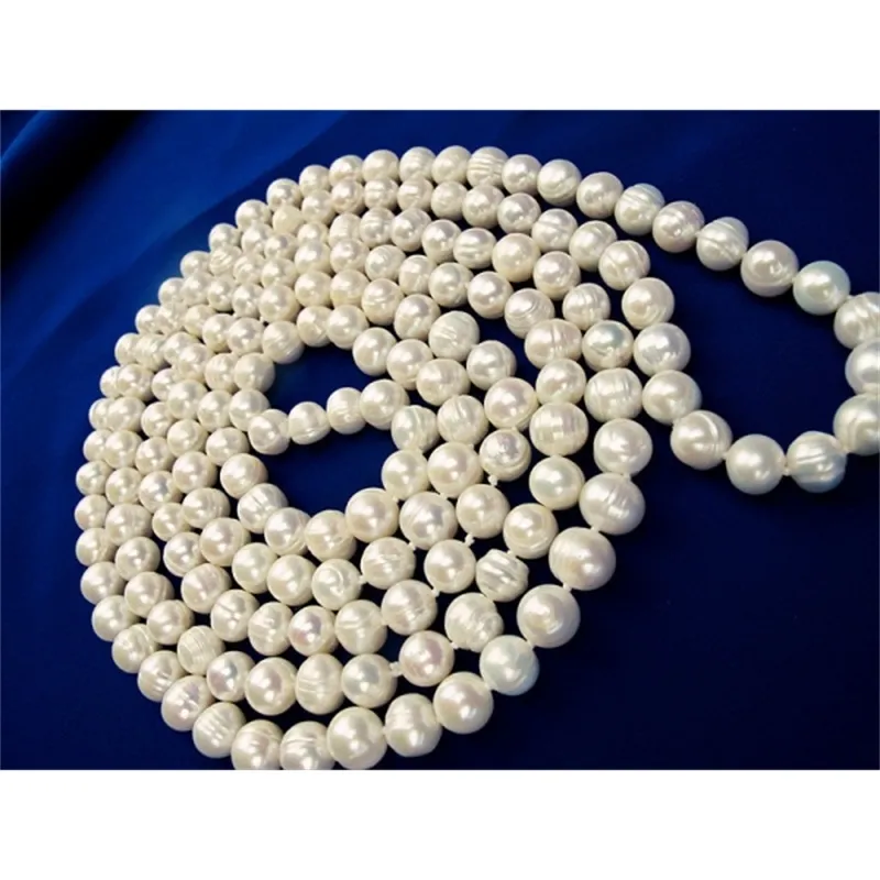 Freshwater Pearl Necklace 60 inches AA Grade 8-9mm natural White Knotted Long Beaded Off Round excellent luster Genuine Real