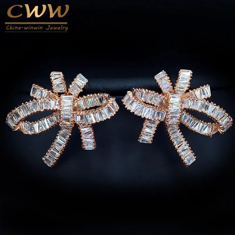 Mousserande cubic zirconia inlay bowknot form stor ros guld färg stud örhängen för kvinnor mode smycken gåva cz349 210714
