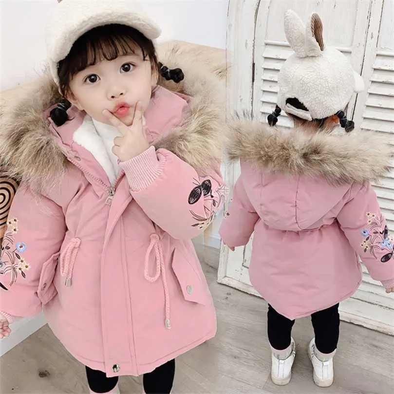 Baby Winter Mädchen Fell Kapuze Trenchcoats Warme Kleidung Kinder Kinder Mädchen Winterjas Fleece Jacke Parka 2 3 4 5 6 7 jahre 211027