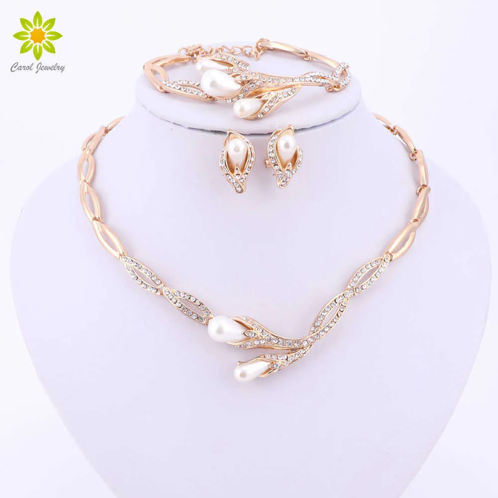 Fine Bridal Simulated Pearl Jewelry Sets For Women Gold Color Wedding Accessories Crystal Necklace Earrings Bracelet Ring Set H1022