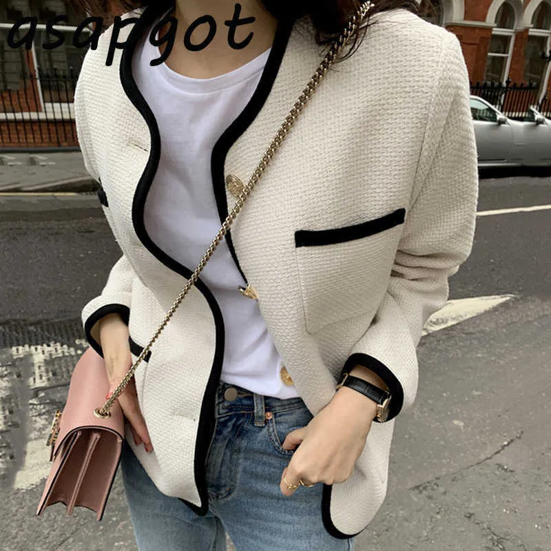 Jassen Jassen Dameskleding Losse Herfst Big Pocket O Hals Contrast Kleur Single Breasted Woman Jacket Lange mouw Jas 210610