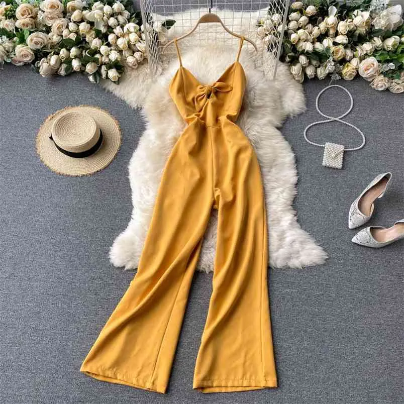 Vacation Style Jumpsuit Women's Knotted V-neck Waist Slimming Sexy Halter Suspenders Long Wide-leg Pants GK280 210506