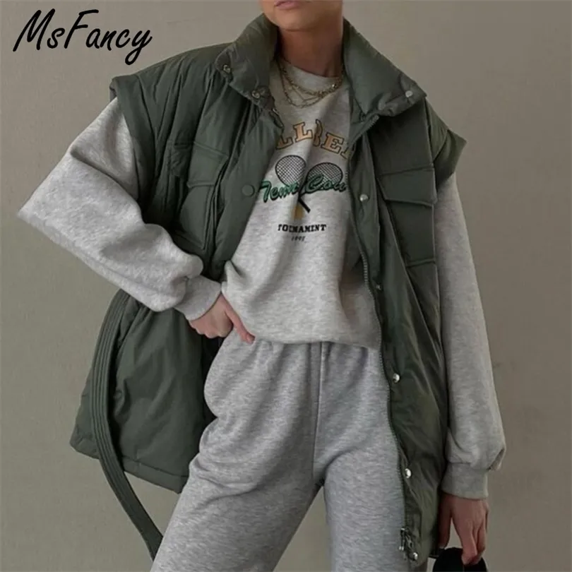 Msfancy Gilet trapuntato verde Donna Inverno Colletto alla coreana Gilet Femme Moda Tasche Tunica Lace-up Chaleco Mujer Outwear 211220