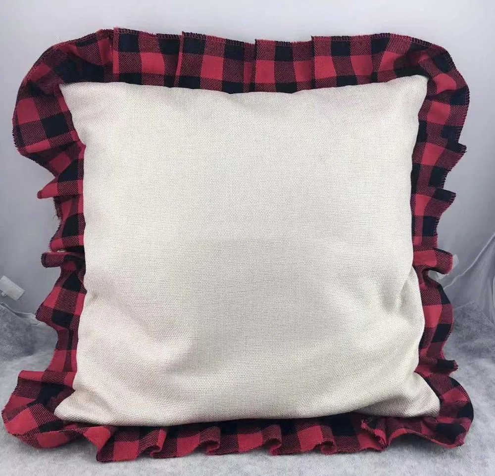 Housse de coussin à Sublimation 45x45cm, taie d'oreiller à carreaux rouge et noir, en dentelle, produit ménager