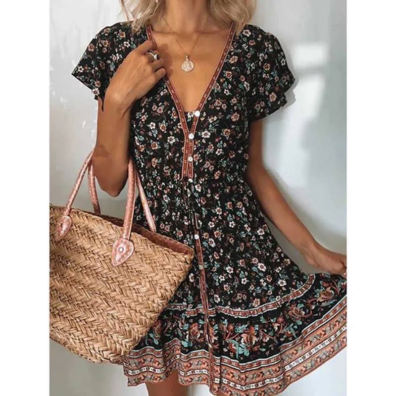 Floral DrWomen Summer Fashion Short Sleeves V-neck Dresses Multi-colored Girly Sweet Vintage Oversized Ladies Dress X0529