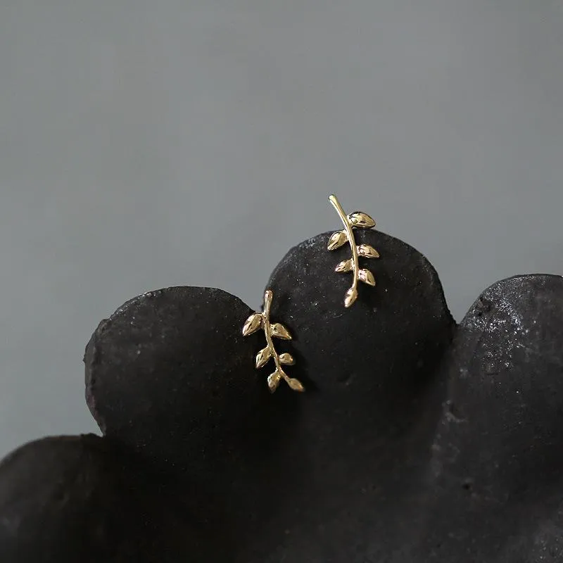 Stud 14k Gold Earrings For Women Simple Olive Branch Leaf Sweet Cute Student Jewelry