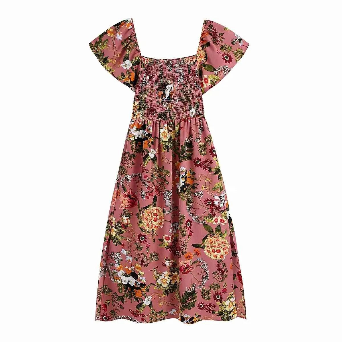 Старинный квадратный воротник a-line эластичная талия цветочные напечатанные женщины платье лето элегантный с коротким рукавом MIDI платья 210521