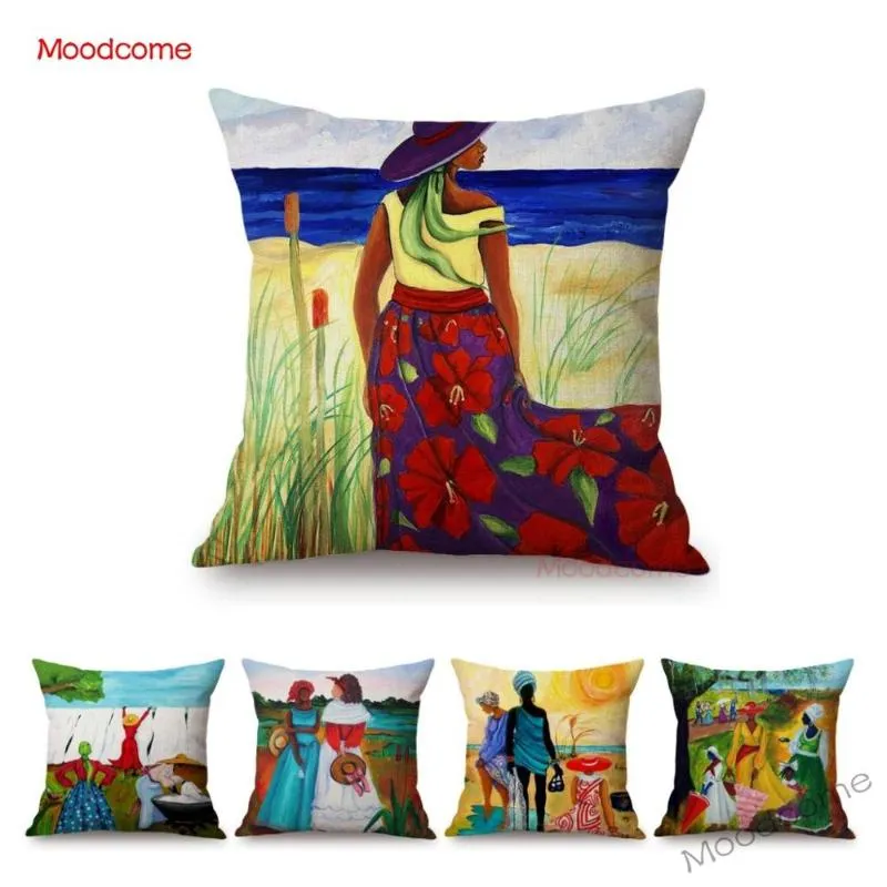 Cushion/Decorative Pillow Fashion Black Woman African Art Africa Daily Life Harvest Party Oil Painting Home Decor Sofa Case Linen Cushion Co