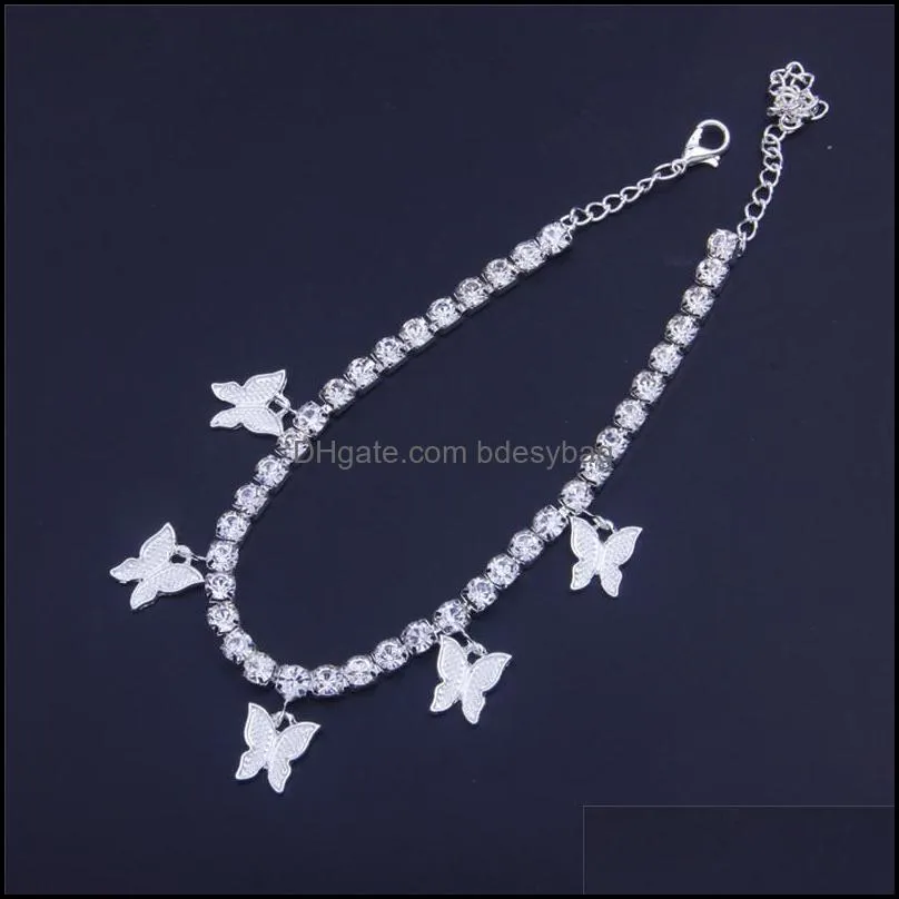 Iced Out Butterfly Tennis Anklet For Women Rhinestone Crystal Butterfly Beach Sandals Foot Chain Bracelet Jewelry