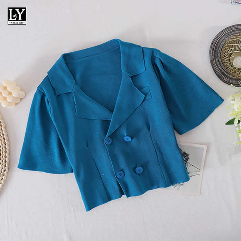 LY VAREY LIN Summer Office Lady High Waist Solid Color Loose Shirt Women Casual V-neck Double-breasted Short Knitting Suit Tops 210526