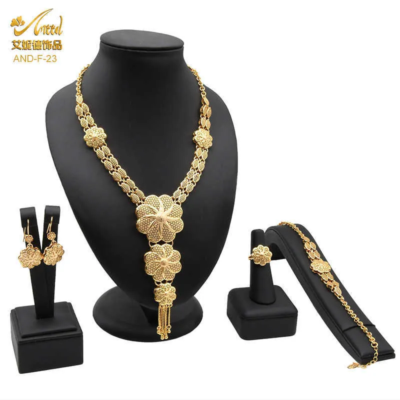 African Fine Jewelry Sets Gold Color Necklaces & Earrings Set Indian Bracelet Rings For Women Dubai Nigerian Wedding Gifts H1022