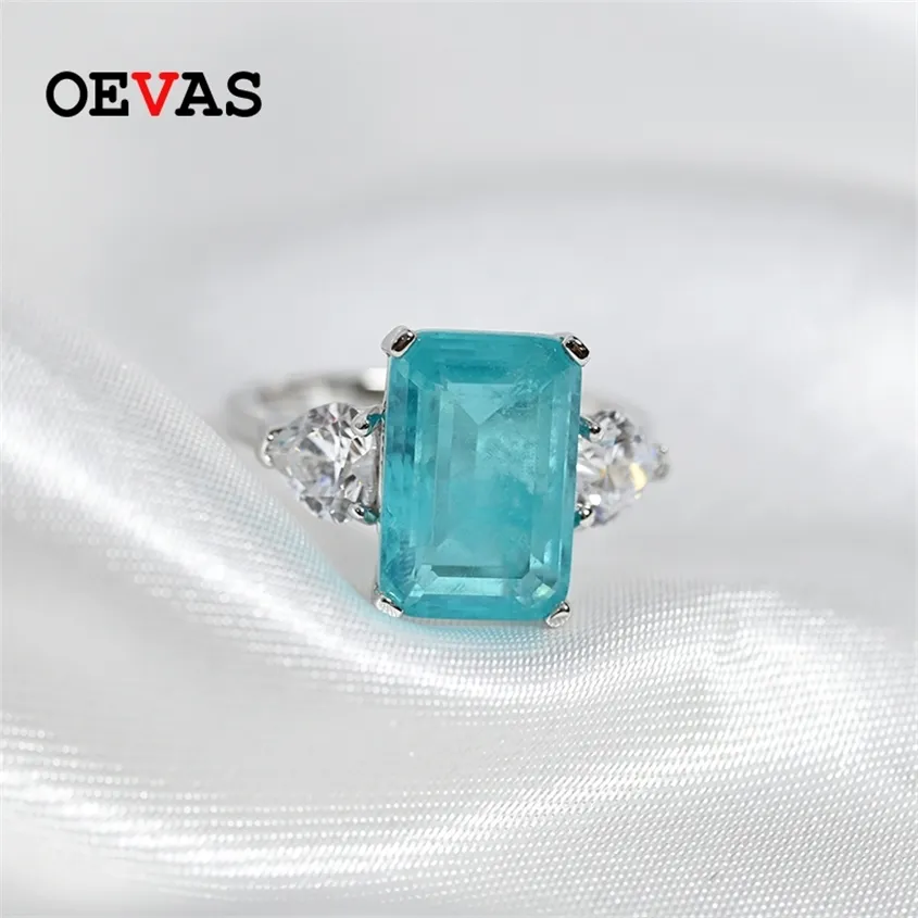 OEVAS 100% 925 Ayar Gümüş Paraiba Turmalin Gemstone Yüzükler Kadınlar Için Köpüklü Yüksek Karbon Elmas Düğün Güzel Takı 220222