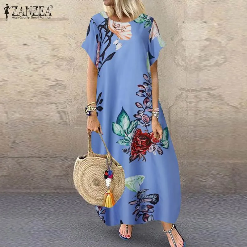 2021 Sommar Bohemian Printed Maxi Dress Zanzea Plus Size Women's Sundress Casual Long Vestidos Kvinna Blommig Robe Kaftan Dress X0521