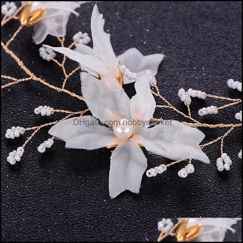 Trendy Gold Flower Pearl Wedding Headband Bridal Headpiece Handmade Hairband Women Hair Jewelry Wedding Hair Accessories