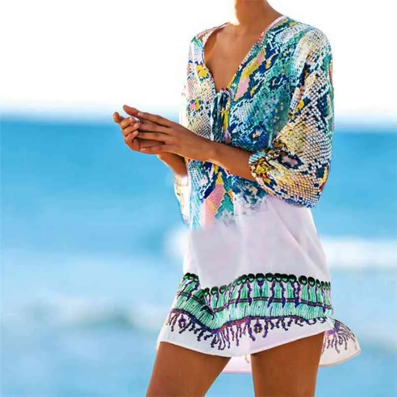 Baddräkt Cover Ups Kaftan Beach Tunic Cover Print Snake Robe de Plage Dress Swimwear 210629