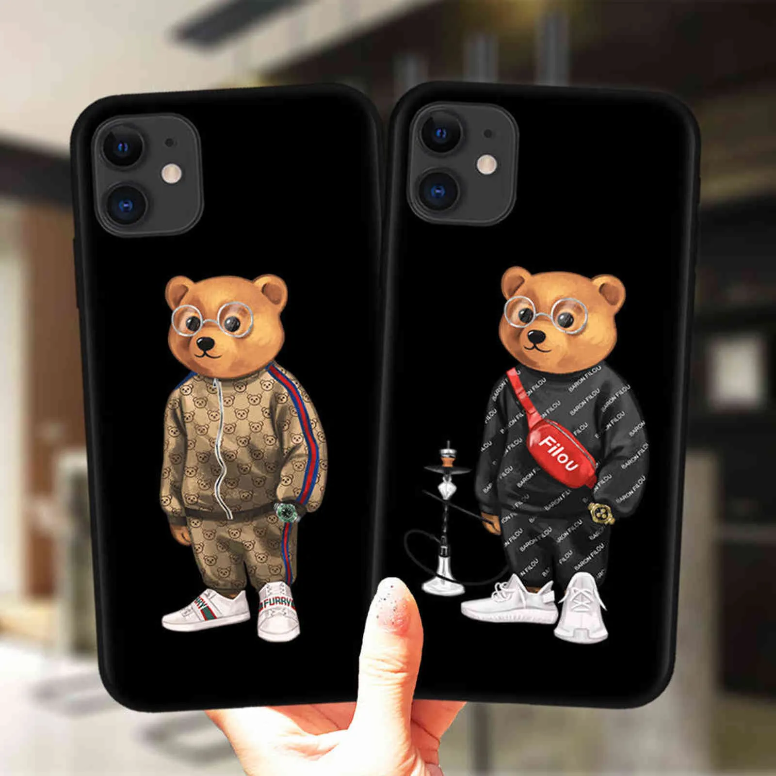 귀여운 곰 패션 브랜드 보호 케이스 iPhone 11 12 13 Pro XS Max XR x 6s 7 8 플러스 5S SE 2020 12mini 소프트 실리콘 커버 H1120