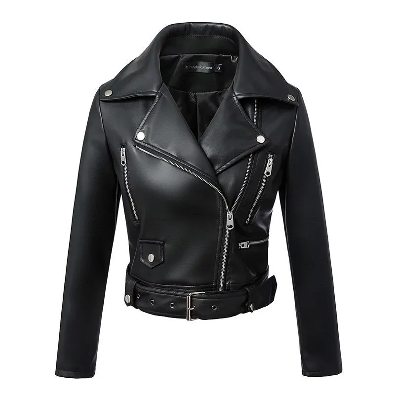 QNPQYX New streetwear Women Jacket Spring Autumn Black Faux Leather Jackets Zipper Basic Coat Turn-down Collar Motor Biker Jacket With Belt