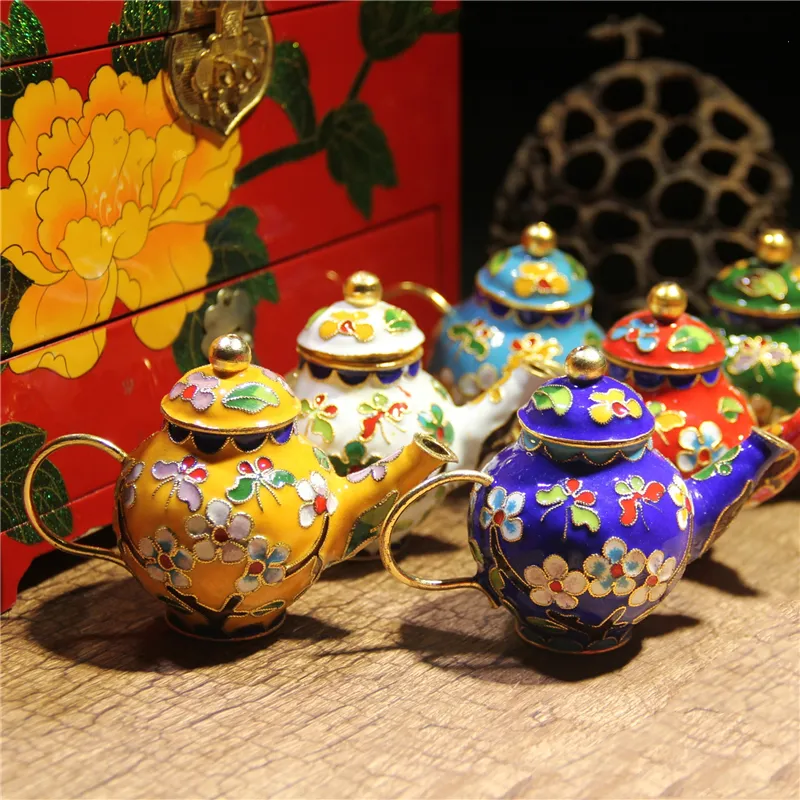 Fancy Enamel Filigree Small Pot Teapot Ornaments Table Decorations Handwork Chinese Cloisonne Copper Crafts Office Home Decor Gifts