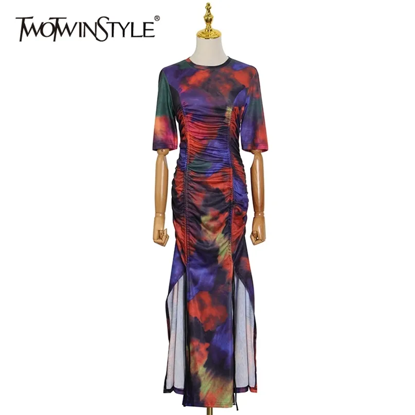 Vintage Tie Dye Dress For Women O Neck Short Sleeve High Waist Ruched Slim Side Split Midi Dresses Females 210520