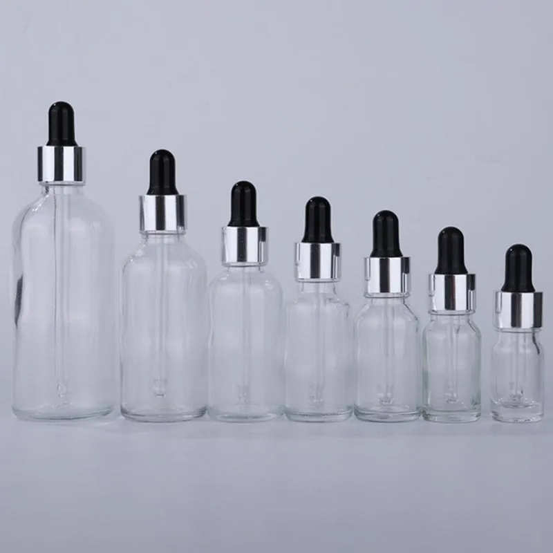 Rensa glasflaskor 5-100 ml droppare Tom eteriska oljekosmetikflaskor med silverlock svart topp
