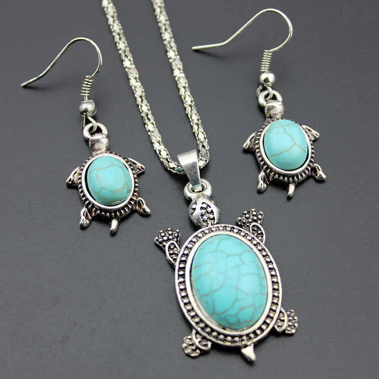 Tortue pour femmes tibétain argent turquoise Bracelet boucles d'oreilles collier ensemble DMTQS031 cadeau de mode style national femmes ensembles de bijoux à bricoler soi-même