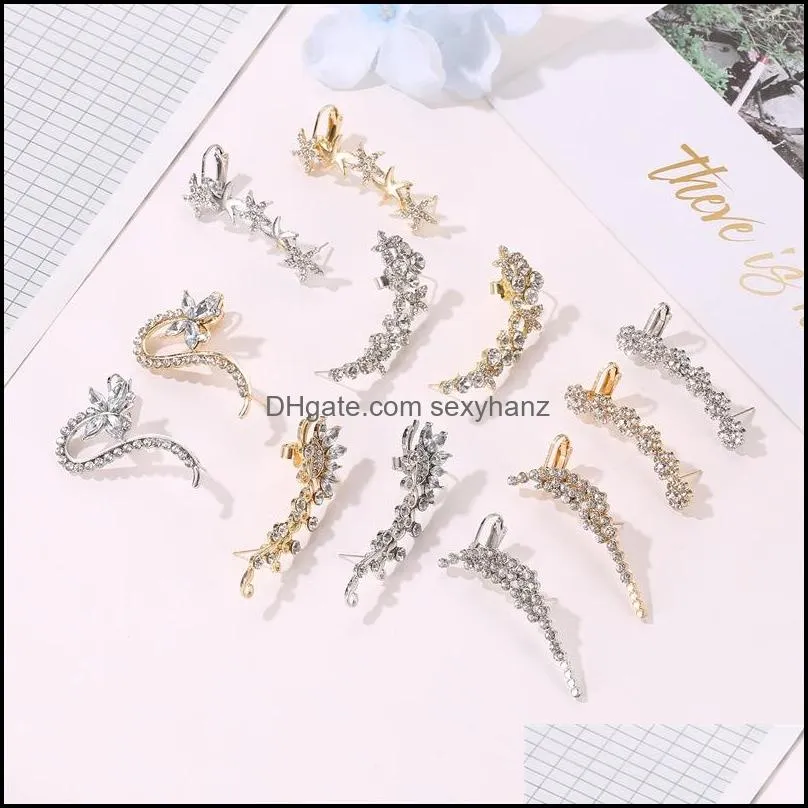 Earrings temperament full of diamonds butterfly flowers single crystal ear clips fashionable catwalk nightclub earrings