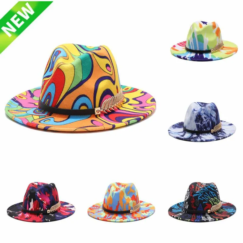 Chapeaux à large bord coloré imprimé Fedora chapeau printemps automne couleur vive laine Jazz hommes femmes feutre cravate-teinture laine-like Panama239I