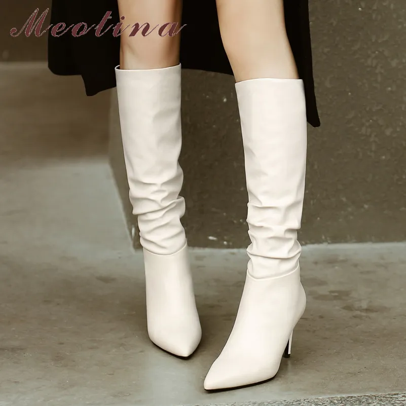 Pleated Real Leather High Heel Knee Boots Women Shoes Pointed Toe Stiletto Heels Slip-On Long Lady Winter 43 210517