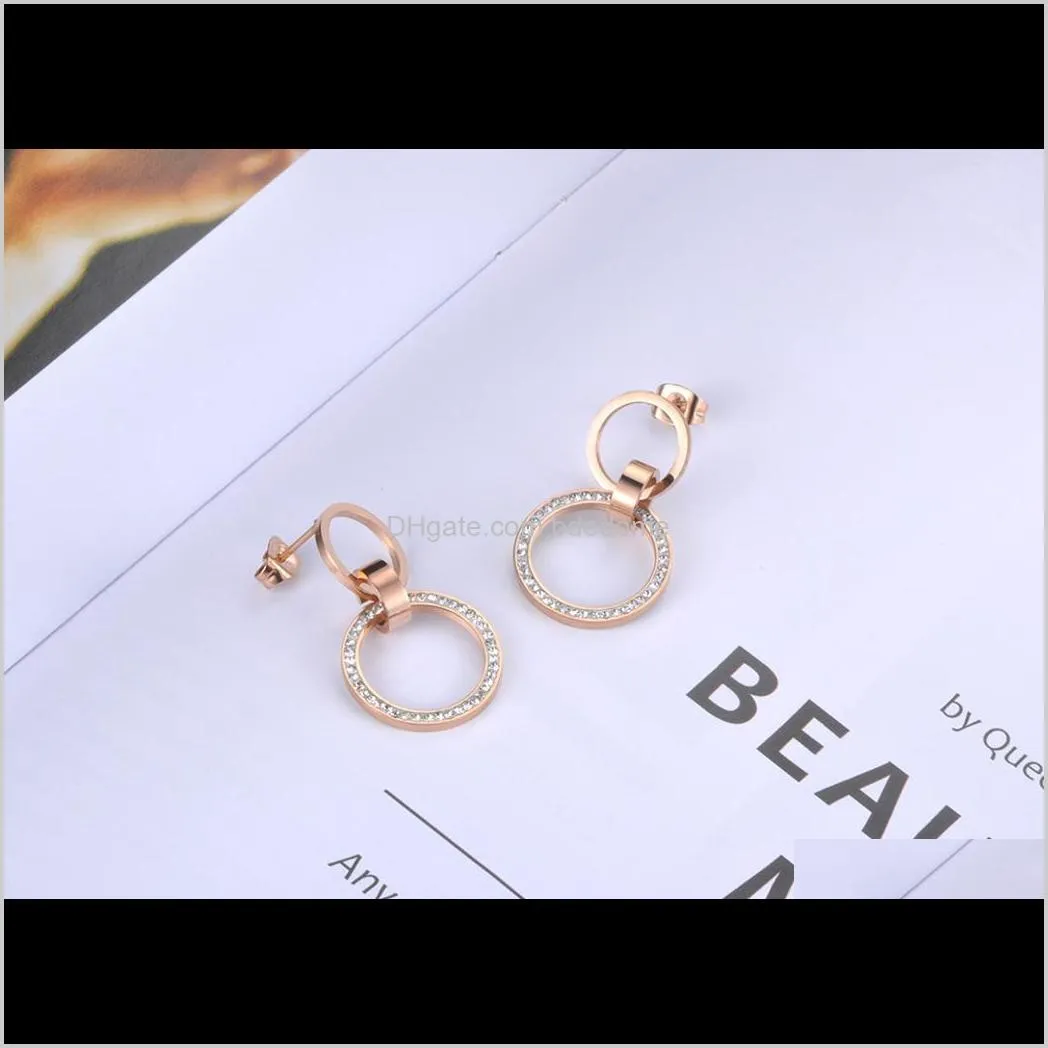 fashion double circle stainless steel stud earrings rose gold handmade clay white crystals ear jewelry for women je19010