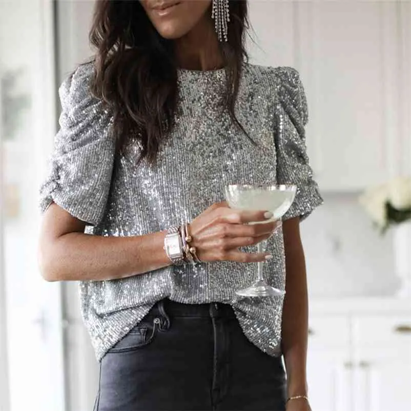 Femmes Sequin Blouses Summer Fashion Party Sexy Bling À Manches Longues Solide Top Blusas Mujer De Moda Harajuku Chemises Blouse 210514