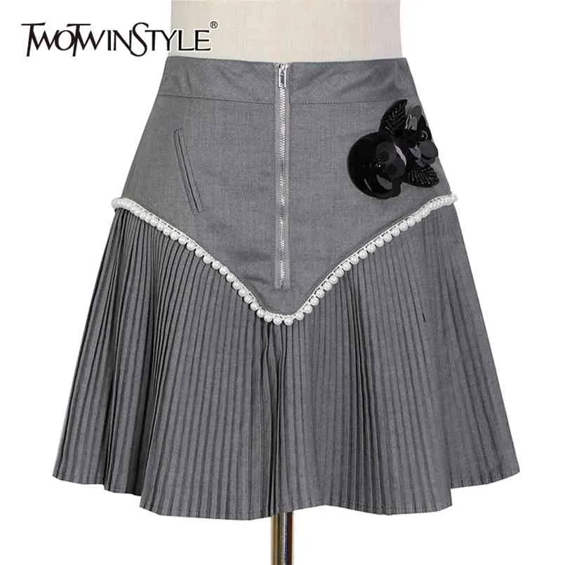 Appliques retalhos plissados ​​saia para mulheres cintura alta uma linha mini saias feminino moda roupas verão 210521