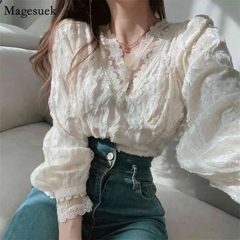 Весна сладкий с длинным рукавом кнопка кружева рубашка корейский шик женские блузки рубашки мода топы V-образным вырезом одежду Blusas 13334 210512