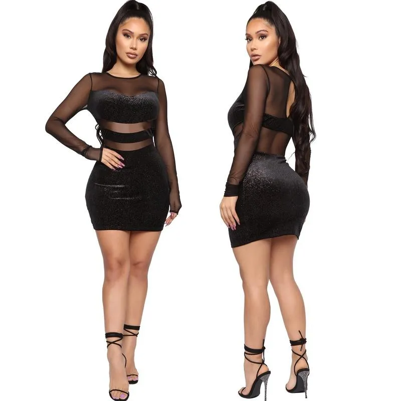 Casual Dresses Sexy Black Bodycon Party See Through Long Sleeve Mesh Glitter Bag Hip Mini Dress Autumn Winter Club Night Outfits