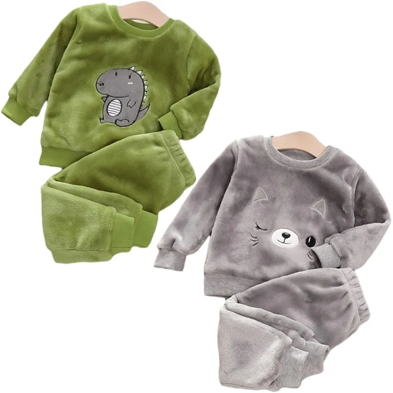 Baby Boy Winter Sets Plush Hooded Jacket 2pcs Children's Casual Outfit Suits Kids Arctic Velvet Tracksuit Toddler Girl Clothing 211023