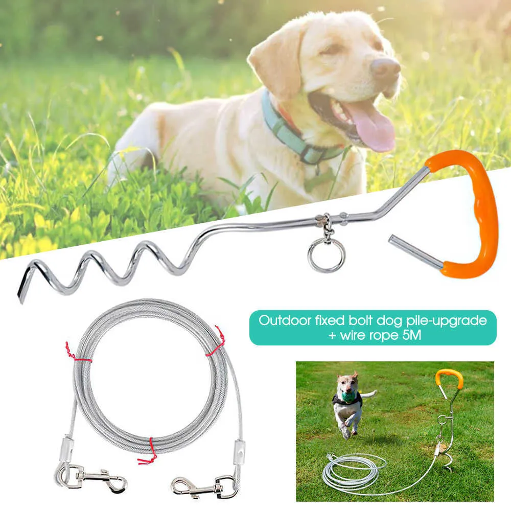 Produkty PET Universal Dog Wwiązwaj Stawki I Kabel 16 FT Kotwica W dół Post Steel Puppy Spiral Stawka Dla Pies Kot Zwierzęta 211006