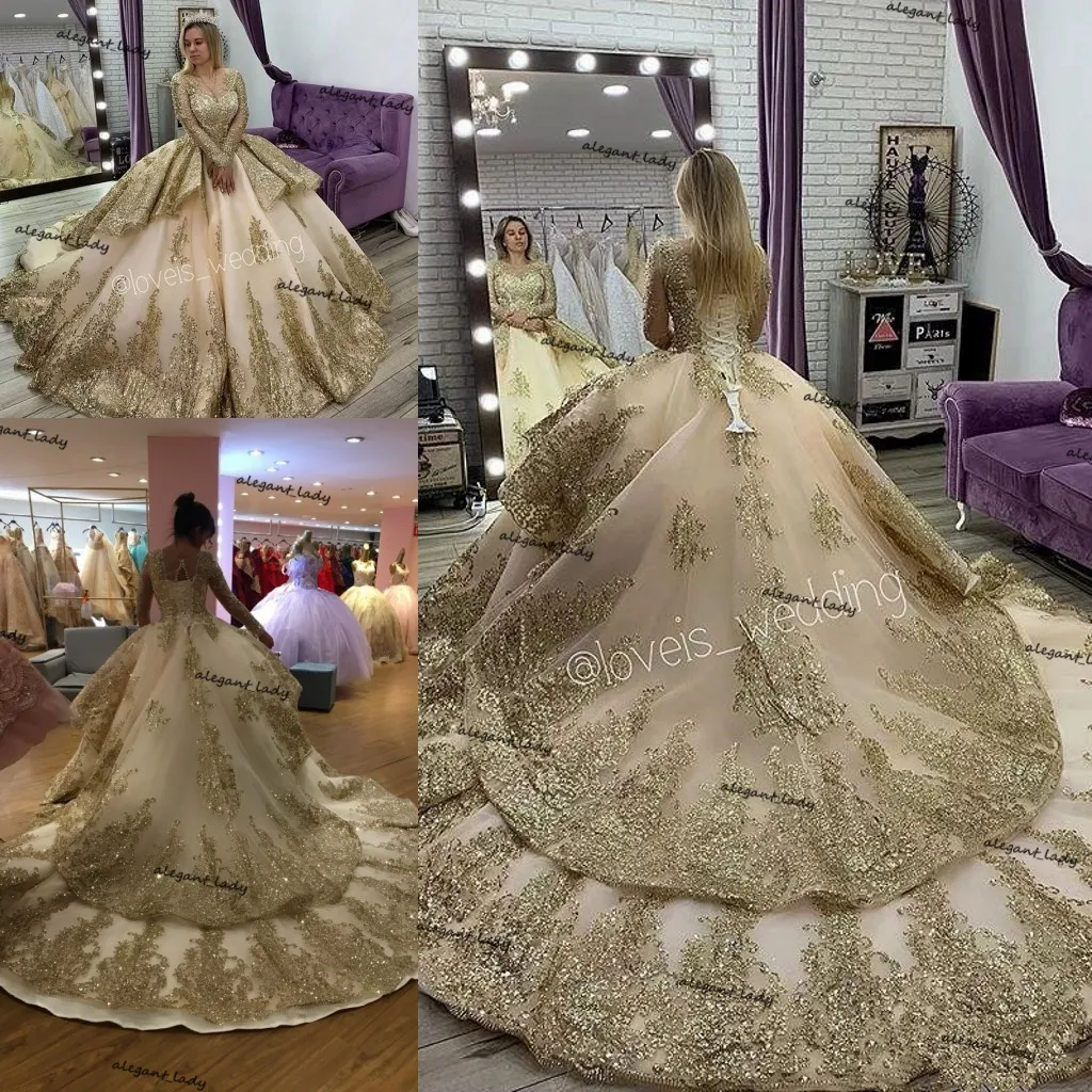 Abiti da sposa principessa oro di lusso con maniche lunghe con applicazioni in pizzo e strascico da cattedrale, abito da sposa Aso Ebi con lacci